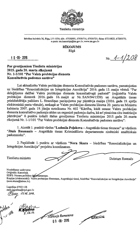 Par grozījumiem Tieslietu ministrijas 2015. gada 20. marta rīkojumā Nr.1-1/101 " Par Valsts probācijas dienesta Konsultatīvās padomes sastāvu"