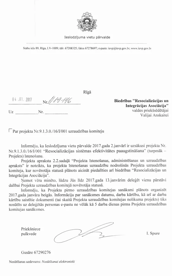Par projekta Nr.9.1.3.0./16/I/001 uzraudzības komiteju