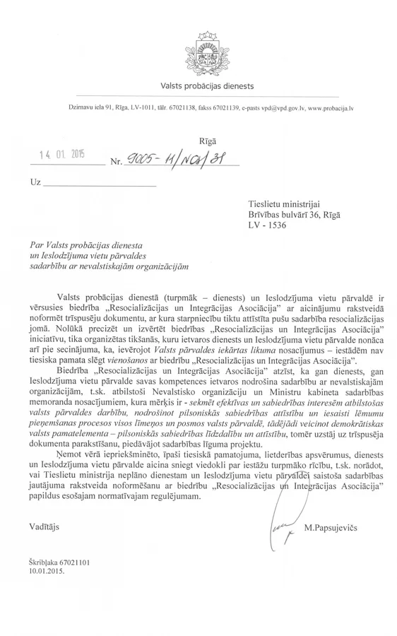 Par Valsts Probācijas dienesta un Ieslodzījuma vietu pārvaldes sadarbību ar nevalstiskajām