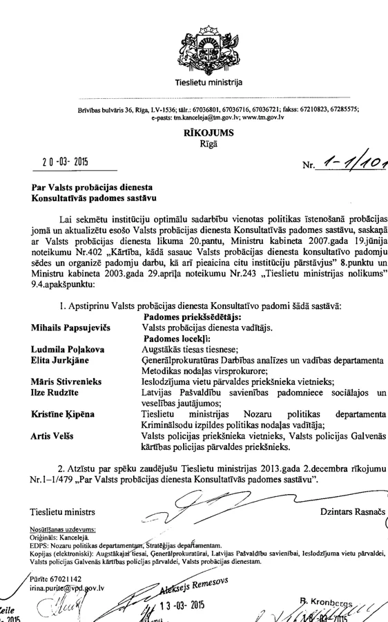 Rīkojums par Valsts probācijas dienesta Konsultatīvās padomes sastāvu